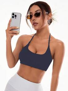 Slayform Slayform Women's Solid Color Backless Halter Sports Bra - Navy Blue - View 4
