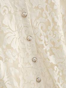 Lacomfia 米色和杏色蕾丝随机花卉图案优雅时尚半袖纽扣衬衫简约百搭宽松版型大码衬衫 - 杏色 - 查看 5