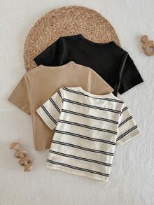 Loomiva 3pcs Baby Boy Striped Pattern Round Neck Long Sleeve Half-Zip Pullover Outfit Set - Multicolor - View 2