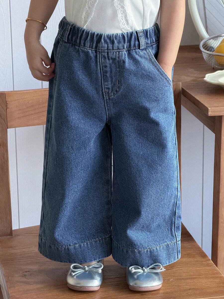 DAZY Toddler Girls' Washed Korean Style Loose Wide-Leg Casual Denim Pants - Blue - View 1