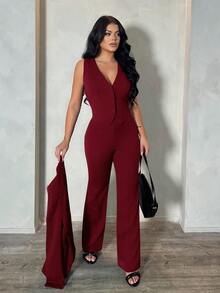SHEIN SXY 三件套：深蓝色长袖西装外套、马甲和长裤，性感通勤约会套装，适合秋冬季、商务、复古、派对、度假、外出、老钱、妩媚动人、舞会、情人节、邮轮旅行、通勤、层次感丰富的搭配、约会之夜、聚会、极简主义、生日、正式场合、假期、休闲、得体、时尚、休闲、购物、街头风、外出等场合。女士红色西装套装，秋季必备。 - 酒紅色 - 查看 3