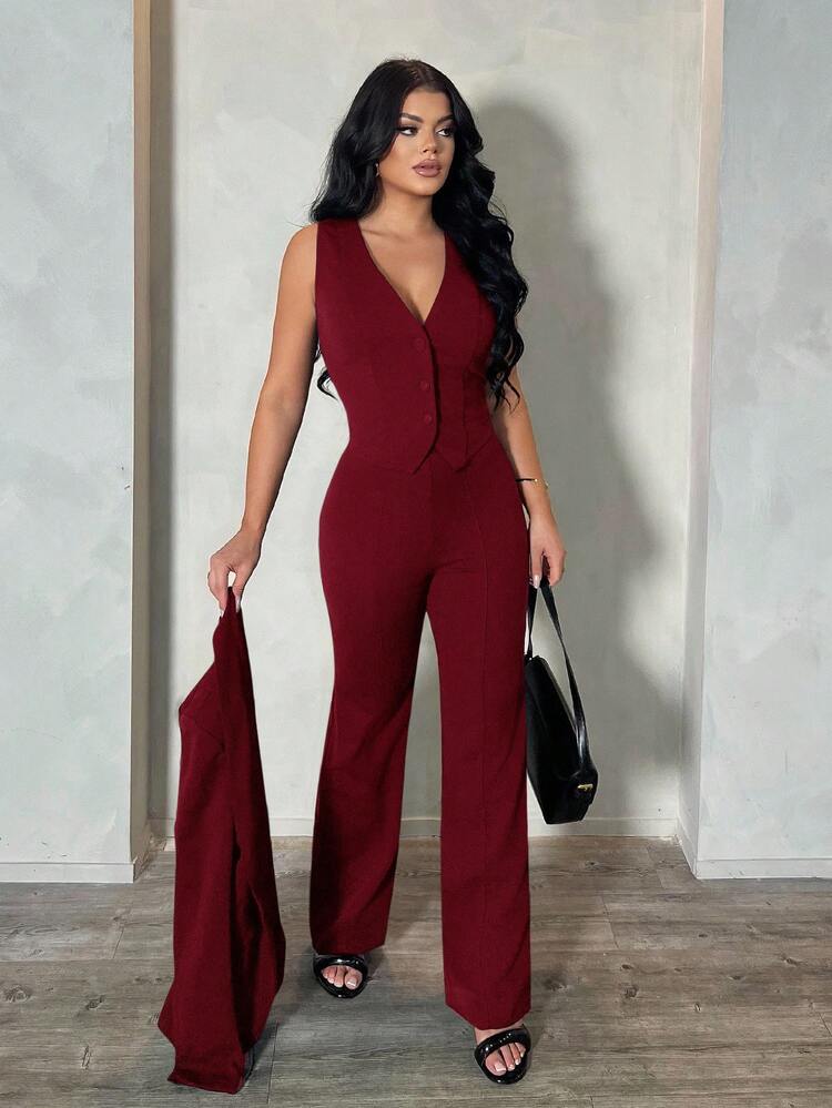 SHEIN SXY 3pcs Set:Long Sleeve Blazer,Vest And Pants Burgundy