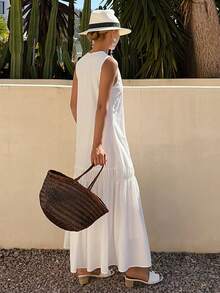 DAZY Đầm hè cổ tròn không tay dành cho nữ, kiểu dáng rộng rãi thoải mái, thích hợp cho kỳ nghỉ. - trắng - Xem 5