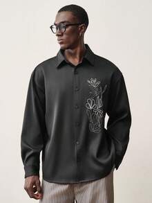 STYNVO 男士花卉刺绣长袖单排扣休闲衬衫 - 黑色 - 查看 3