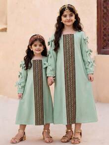 SHEIN Young Girl Woven Solid Color Square Collar Bow Decor Casual Dress - Mint Green - View 6