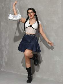 SHEIN Tall 女士高腰带口袋荷叶边下摆休闲牛仔裙 - 深色水洗藍 - 查看 7