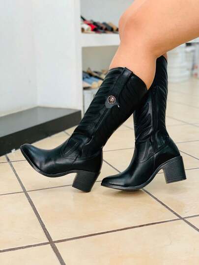 Bota larga mujer tipo piel botines dama moda urbana vaquera con decoración en liso color negro camel de excelente calidad 23mx 26mx tipo piel elegante cowboy retro vintage country tacon grueso altura a media pantorrilla western caoba negra