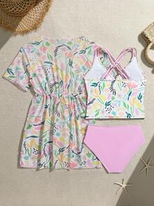 SHEIN Ensemble de 3 pièces de maillot de bain à imprimé floral et feuilles pour préadolescentes, ensemble de bikini à bretelles pour filles, ensemble de 3 pièces de maillot de bain, ensemble de plage pour filles, tenue de vacances d'été pour filles, ensemble assorti d'été, ensemble de vacances d'été pour filles, tenue de vacances d'été pour filles, ensemble coordonné d'été - Multicolore - Voir 2