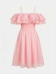 Pitira Pitira Tween Girls' Elegant Pink Ruffle Strap Dress, Summer - Dusty Pink - View 3
