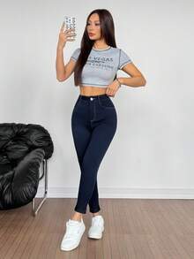 SHEIN PETITE Women's Casual Everyday Pockets Button Denim Jeans - Dark Wash - View 6