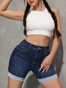 SHEIN Tall Women's Summer Casual High Waist Denim Shorts High-Stretch, Comfortable Fabric Cuffed Hem Dark Blue Stretchy Jean Shorts With Pockets Perfect For Beach & Vacation Outfits Women's Solid Color Casual Denim Shorts - Dark Wash - View 5