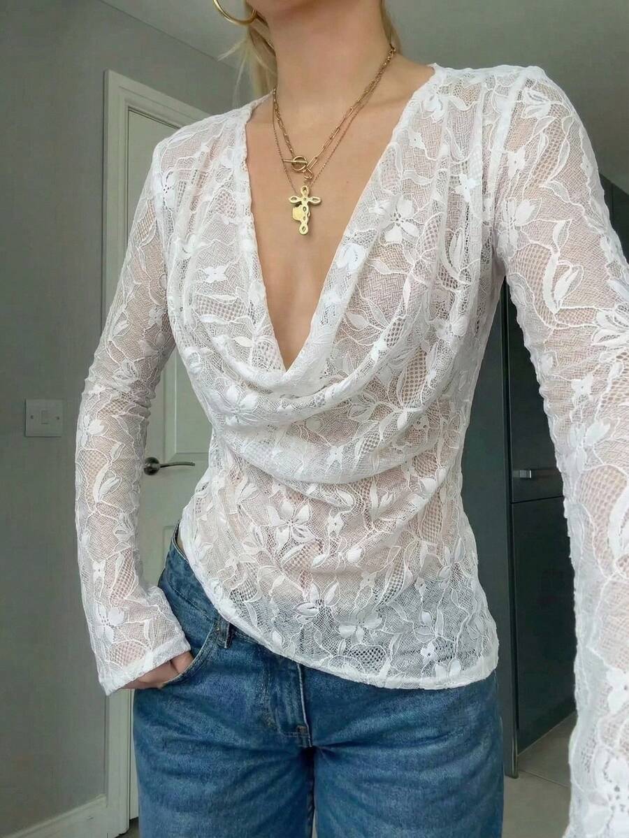 Firerie 女士时尚深V领不对称下摆半透明蕾丝衬衫 - 白色 - 查看 1