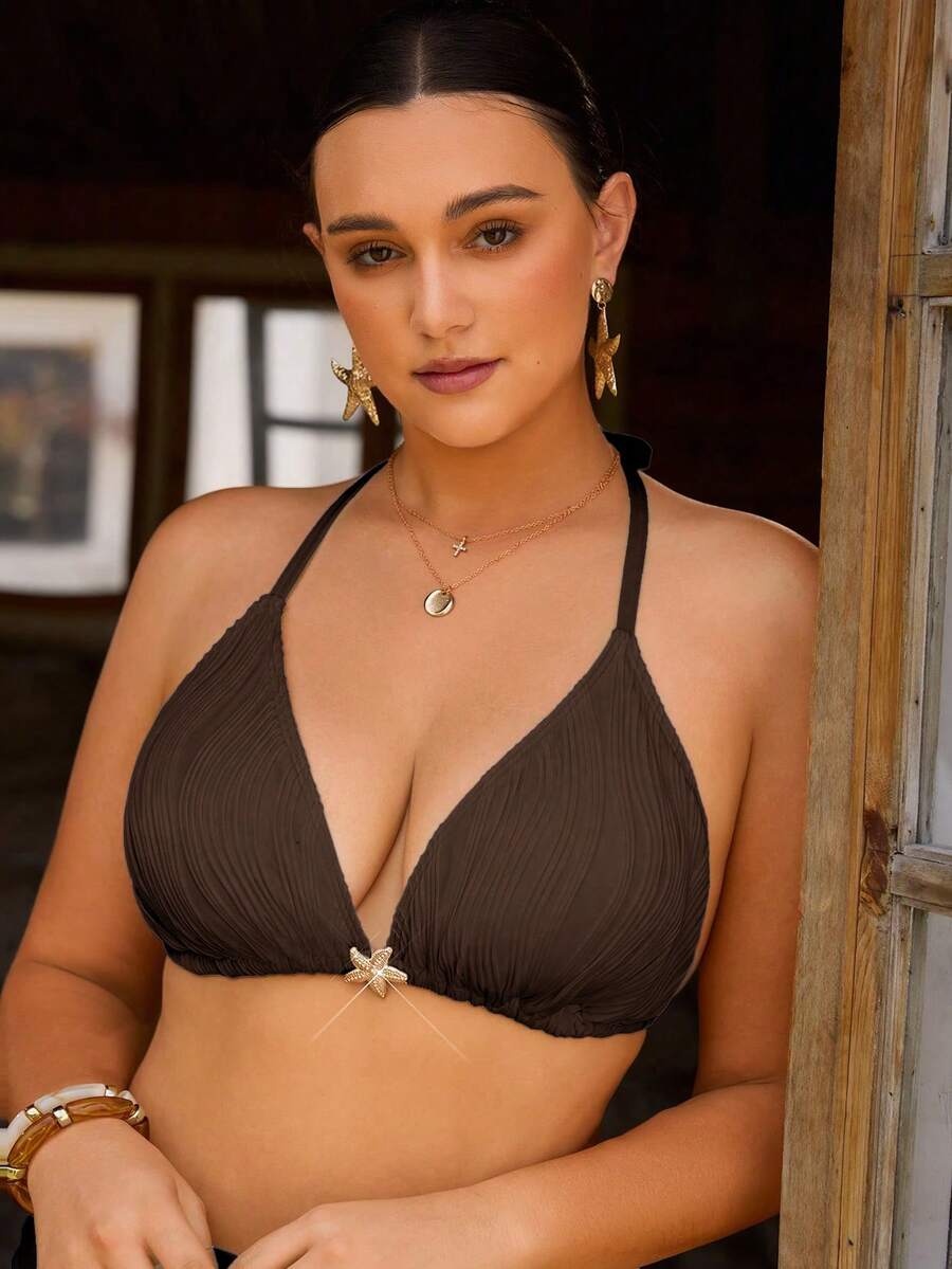 Swim Chiccia Plus Size Women Solid Color Halter Neck 3-Triangle Bikini Top - Brown - View 1