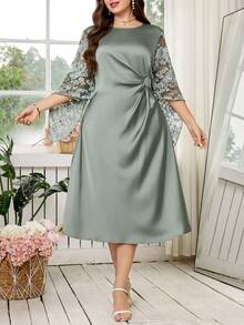 Reflora Đầm thanh lịch dành cho nữ cỡ lớn, phối lưới jacquard, tay loe, eo nhún. - màu xanh lá - Xem 6