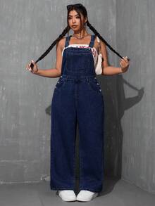 SHEIN ICON Plus Size Casual Versatile Washed Denim Bib Overalls - Dark Wash - View 1