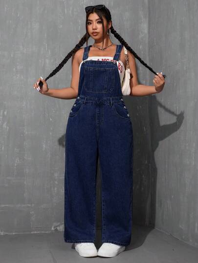 SHEIN ICON Plus Size Casual Versatile Washed Denim Bib Overalls