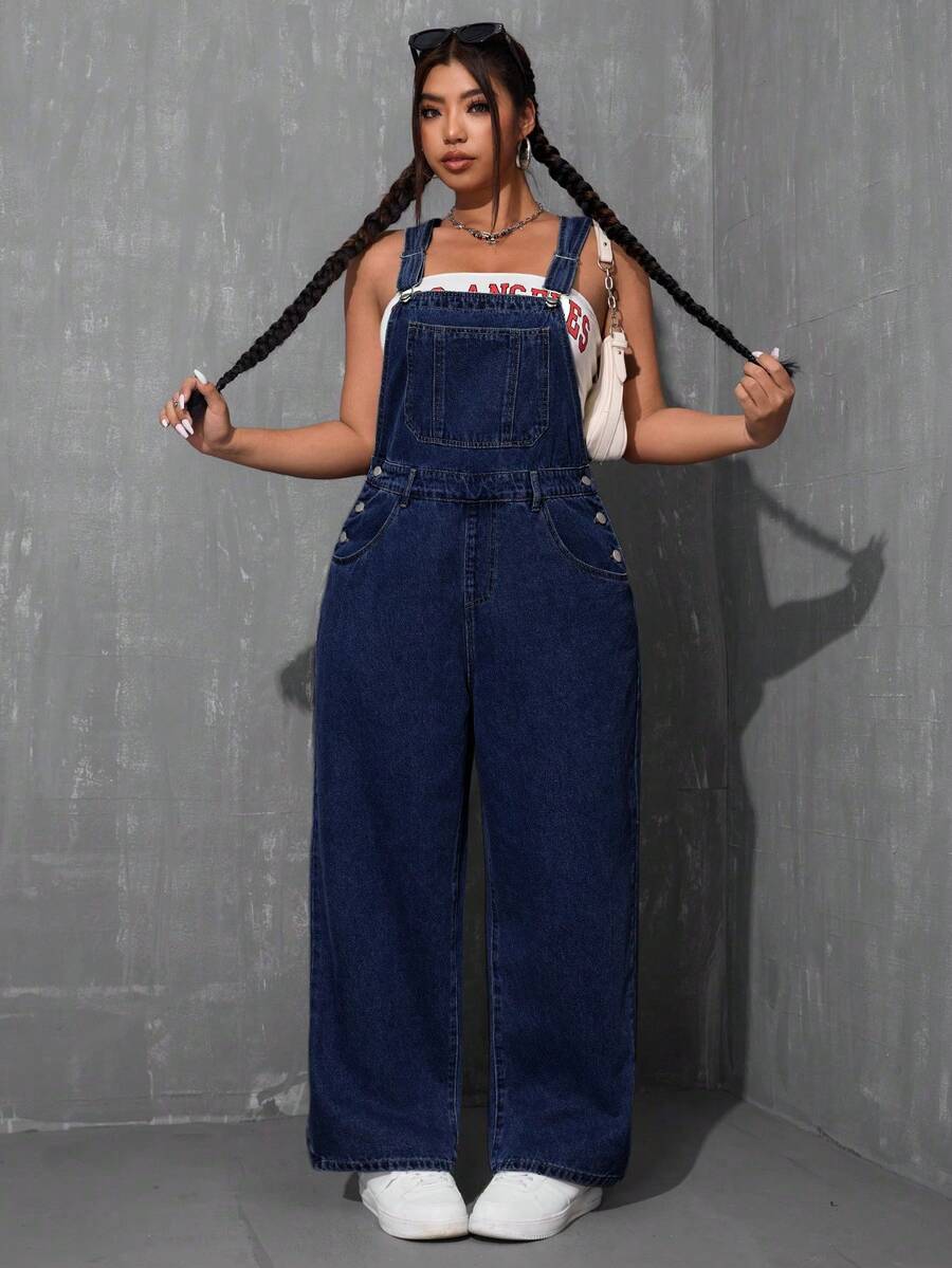 SHEIN ICON Plus Size Casual Versatile Washed Denim Bib Overalls - Dark Wash - View 1