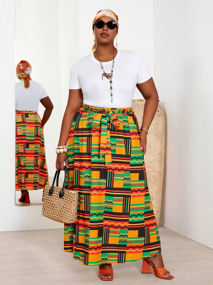 Plus Size Women Patchwork Print Belted Slit Pocket A-Line Skirt African Skirt For Women African Clothes Traditional African Dress Summer Outfits For Women  Beach Outfit For Women  Casual  Vacation Outfits Women Country Concert Outfit Peplum