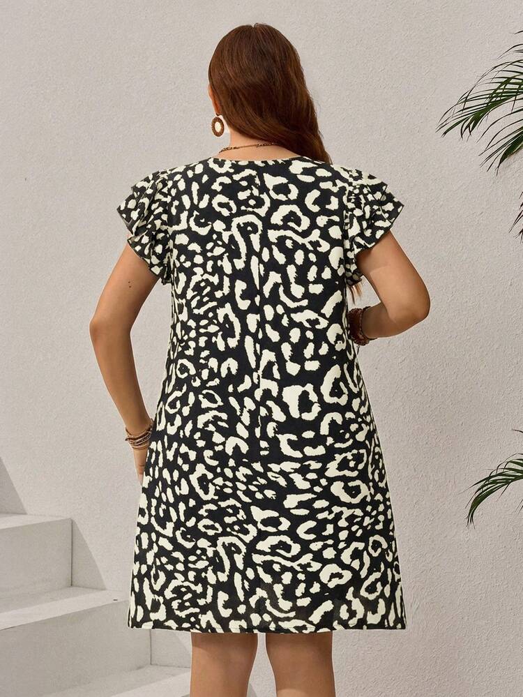 Plus Size Leopard Print Ruffled Hem Casual Vacation Dress,Vacation Outfits Woman,Summer Clothes