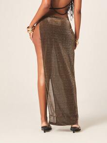 MISSGUIDED 女士金属金色锁子甲镶钻高开衩紧身夜店派对晚礼服裙 - 金色 - 查看 2