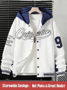 Teen Boys Hooded Contrast-Colored Textured Fabric Jacket With Alphanumeric Pattern, Suitable For Spring And Autumn Back-To-School Season Street Wear - Multicolor - View 1