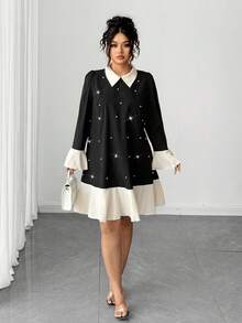 Elenzga 大码女式时尚休闲法式复古浪漫仿珍珠撞色连衣裙 - 黑色 - 查看 5