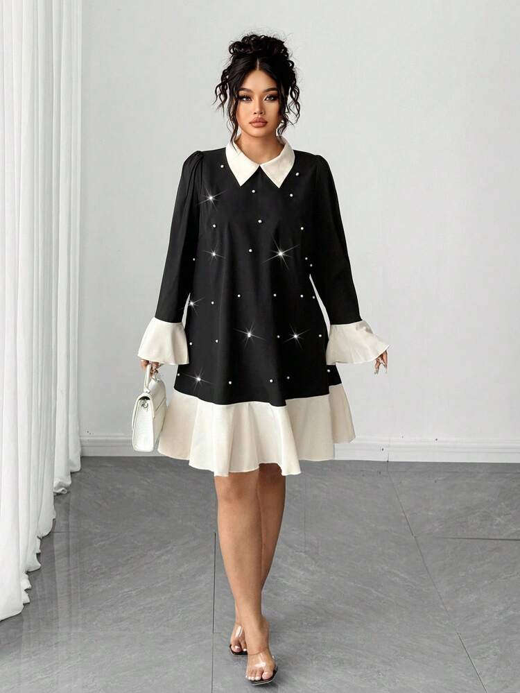 Elenzga Rochie de damă de mărime mare, la modă, casual, franceză, retro, romantică, cu perle artificiale, în culori contrastante - Negru - Vizualizare 5