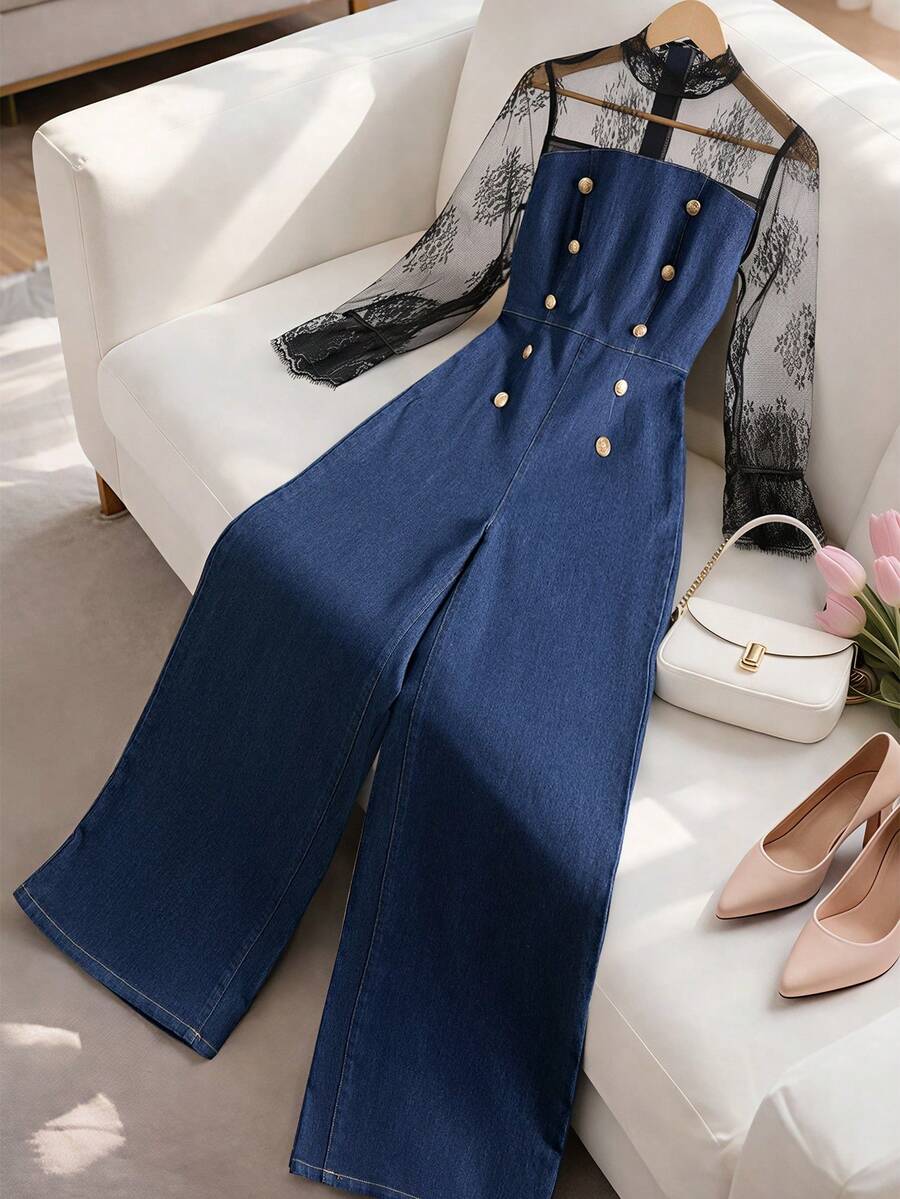 GlowEve Mono de mezclilla transparente de manga larga con parches de malla y cuello para mujer - Azul - Ver 1