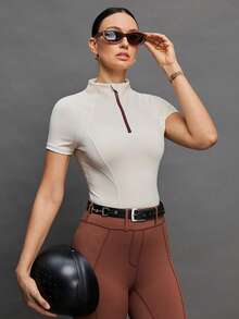 Activina Women's Front Zip Mandarin Collar Short Sleeve Fitted Equestrian Top Equestrian Clothing Women's Polo Women's Golf Top Tops For Women Horseback Riding Outfit  Summer Spring Winter Ralphlauren Knitted Fabric - Khaki - View 1