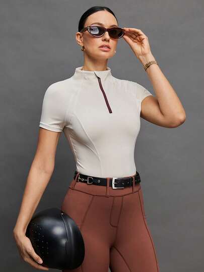  Activina Women's Front Zip Mandarin Collar Short Sleeve Fitted Equestrian Top Equestrian Clothing Women's Polo Women's Golf Top Tops For Women Horseback Riding Outfit  Summer Spring Winter Ralphlauren Knitted Fabric