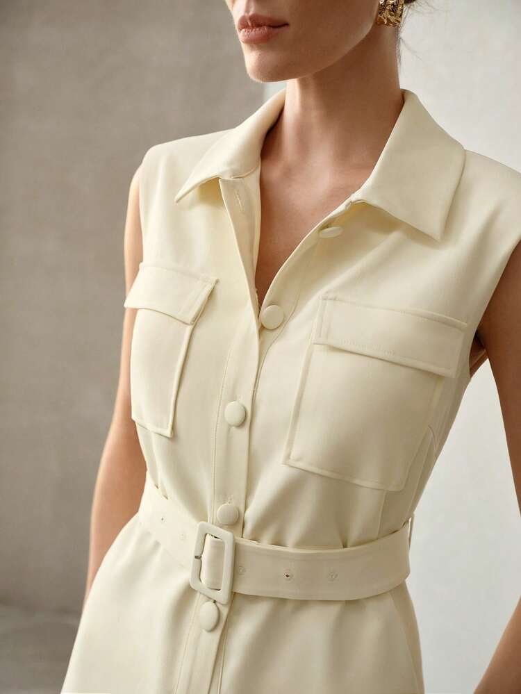 SOLID FLAP POCKET BUCKLE BELTED SLEEVELESS JACKET