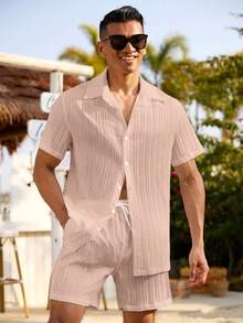 Zalmeno 男士纯色短袖单排扣衬衫和抽绳腰带短裤沙滩套装 - 卡其色 - 查看 5