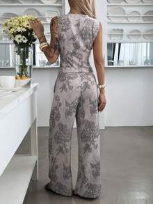 DAZY Women's Casual Floral Print V-Neck Faux Pocket Vest And Wide Leg Pants 2-Piece Set, Summer - Grey - View 2