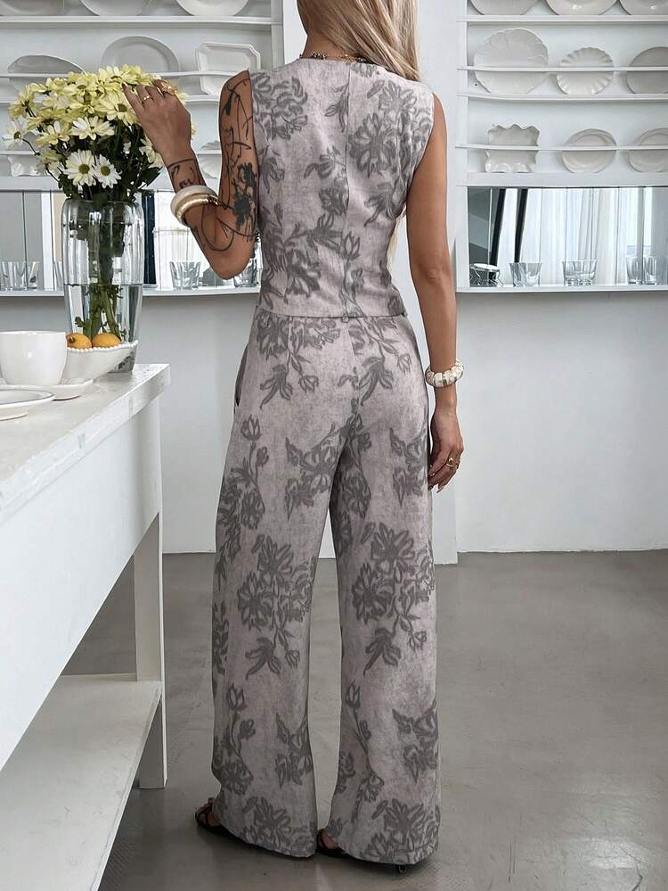 Women's Casual Floral Print V-Neck Faux Pocket Vest And Wide Leg Pants 2-Piece Set, Summer