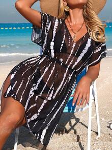 Swim Lushoire Đầm che phủ tay cánh dơi bằng vải lưới nhuộm tie-dye dành cho nữ, thích hợp cho kỳ nghỉ. - Đen và trắng - Xem 5