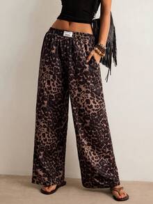 Freevana Women Leopard Print Letter Applique Pocket Wide Leg Casual Pants Boho For Leapord Animal - Brown - View 6