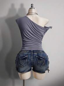 SHEIN ICON 大码 Y2K 斜肩星星水钻复古性感针织上衣，街头风，休闲风，斜肩扭结针织衫 - 灰色 - 查看 2