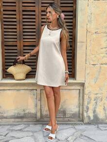 SHEIN LUNE 女士休闲无袖撞色滚边口袋连衣裙 度假女装 夏季女装 夏季连衣裙 度假连衣裙 沙滩休闲连衣裙 女士休闲连衣裙 工作女装 教师女装 - 杏色 - 查看 6