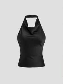 Sweetra New Spring/Summer French Style Black Plunging Neck Sleeveless Halter Satin Casual Backless Tank Top, Fashionable & Elegant - Black - View 4