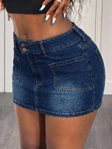 Slaydiva 女士纽扣腰带口袋紧身性感牛仔迷你裙 - 深色水洗藍 - 查看 3