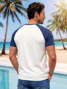 VIVINTIMO Navy Blue & White Patchwork Logo Men's Raglan Sleeve T-Shirt With Sea Turtle Design, Suitable For Summer - Multicolor - View 2
