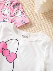 4pcs Baby Girl Knitted Round Neck Short Sleeve Top And Allover Print Pants Set, Casual Snug Fit Pajamas Homewear - Multicolor - View 4