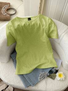 SHEIN LUNE Camiseta de manga corta ajustada con textura de jacquard de punto para mujer, uso diario básico, primavera/verano - Verde - Ver 6