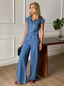 DAZY Bộ áo liền quần và yếm denim dáng rộng, không tay, cổ bẻ, eo, dành cho nữ mùa hè. - Rửa trung bình - Xem 5