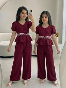 SHEIN Tween Girls' Elegant Beaded Puff Sleeve V-Neck Cinched Waist Blouse & Matching Solid Woven Pants Set, Burgundy, Spring/Summer - Burgundy - View 1