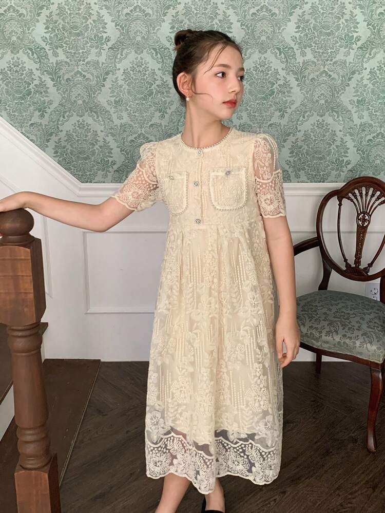 Tween Girl Elegant Round Neck Faux Pearl Embroidered Waist Cinched High-Waist Lace Dress Summer