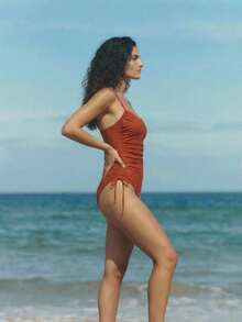 Maija Women's Burgundy Sexy Sleeveless Ruched Spaghetti Strap Knitted One-Piece Swimsuit Plants Pattern - Burgundy - View 6