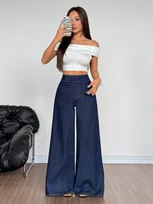 SHEIN Tall Women's Casual High Waist Wide Leg Washed Denim Jeans - Black - View 5