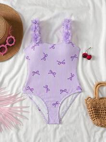 SHEIN Tween Girls' Cute Striped Bow Decor One-Piece Swimsuit, Summer, Lavender Girls Swimsuit, Girls One Piece Swimsuit, Striped Purple Swimsuit, Kids Swimsuit In Violet, Tween Girl Swimsuit One Piece - Mauve Purple - View 2