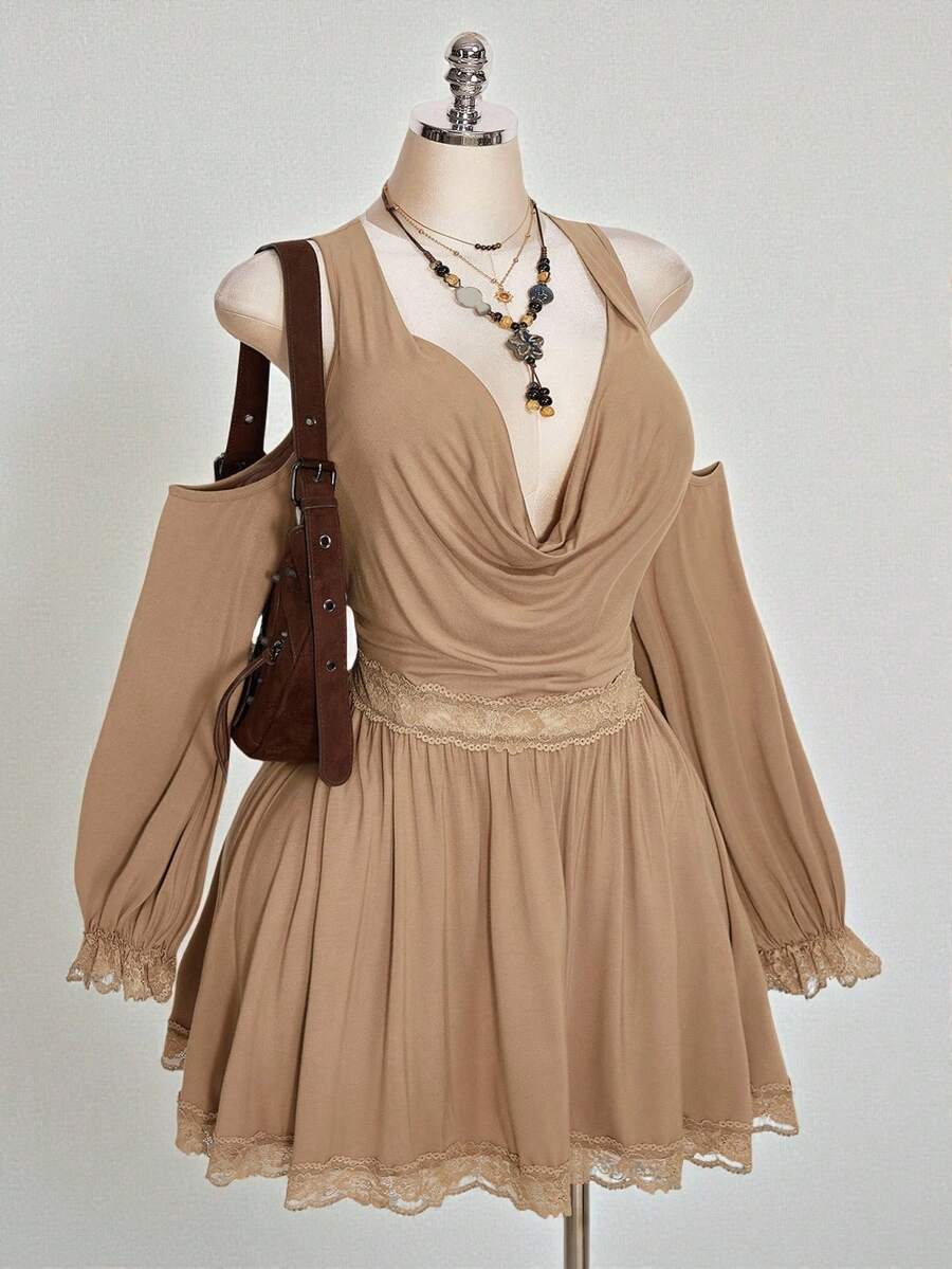 SHEIN ICON Đầm dệt kim gợi cảm kiểu Y2K cổ chữ V khoét sâu, hở vai, cỡ lớn. - màu nâu - Xem 1